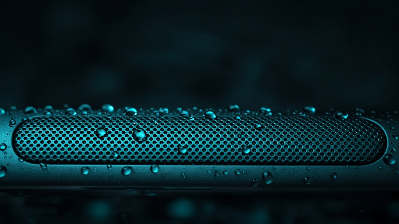 Macro photo of a phone speaker grille with condensation