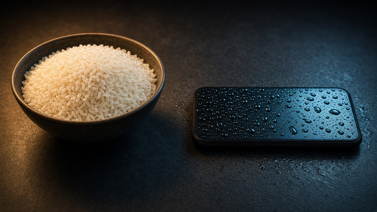 Bowl of rice next to a smartphone on a dark desk