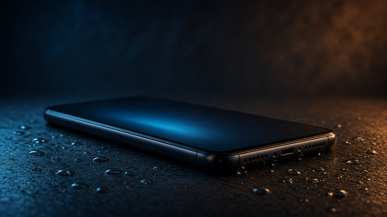 iPhone with water droplets near the charging port on a dark surface