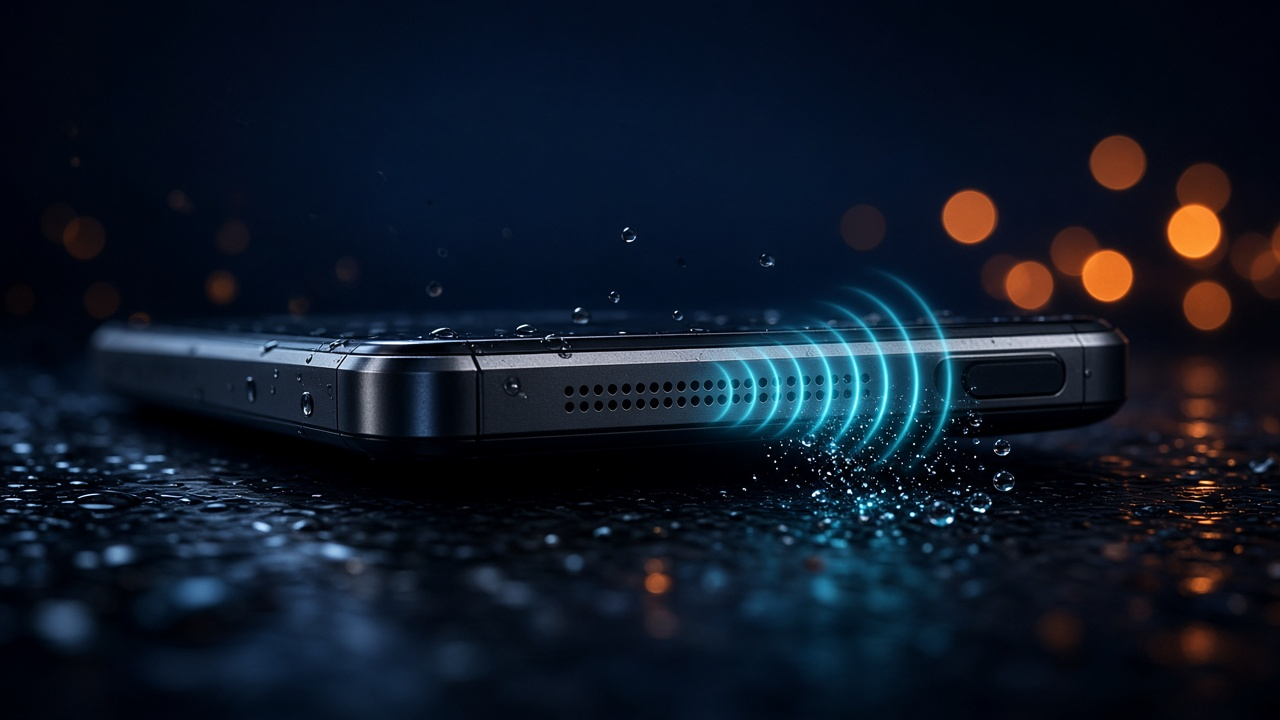 Smartphone with cyan sound-wave glow near the speaker grille