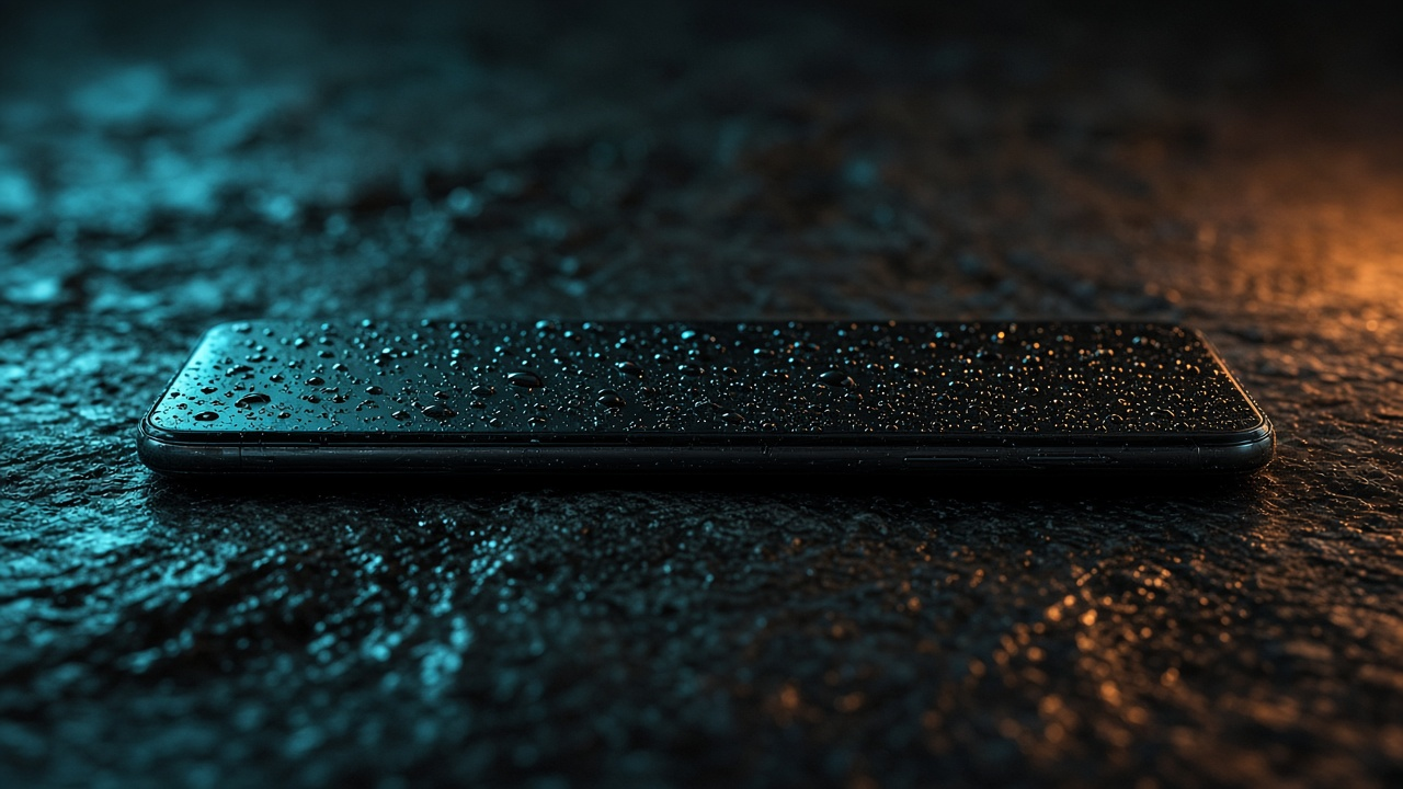 Wet smartphone with water droplets on a dark surface