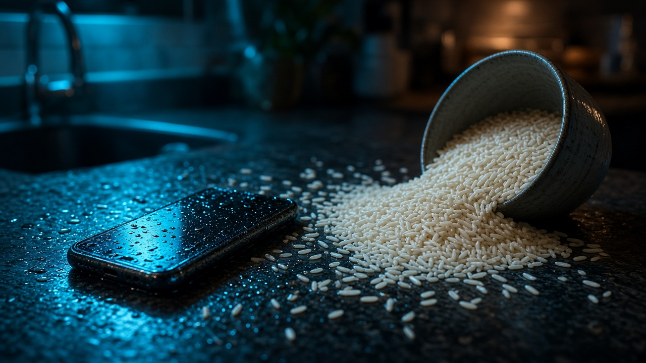 Bol de arroz junto a un móvil mojado