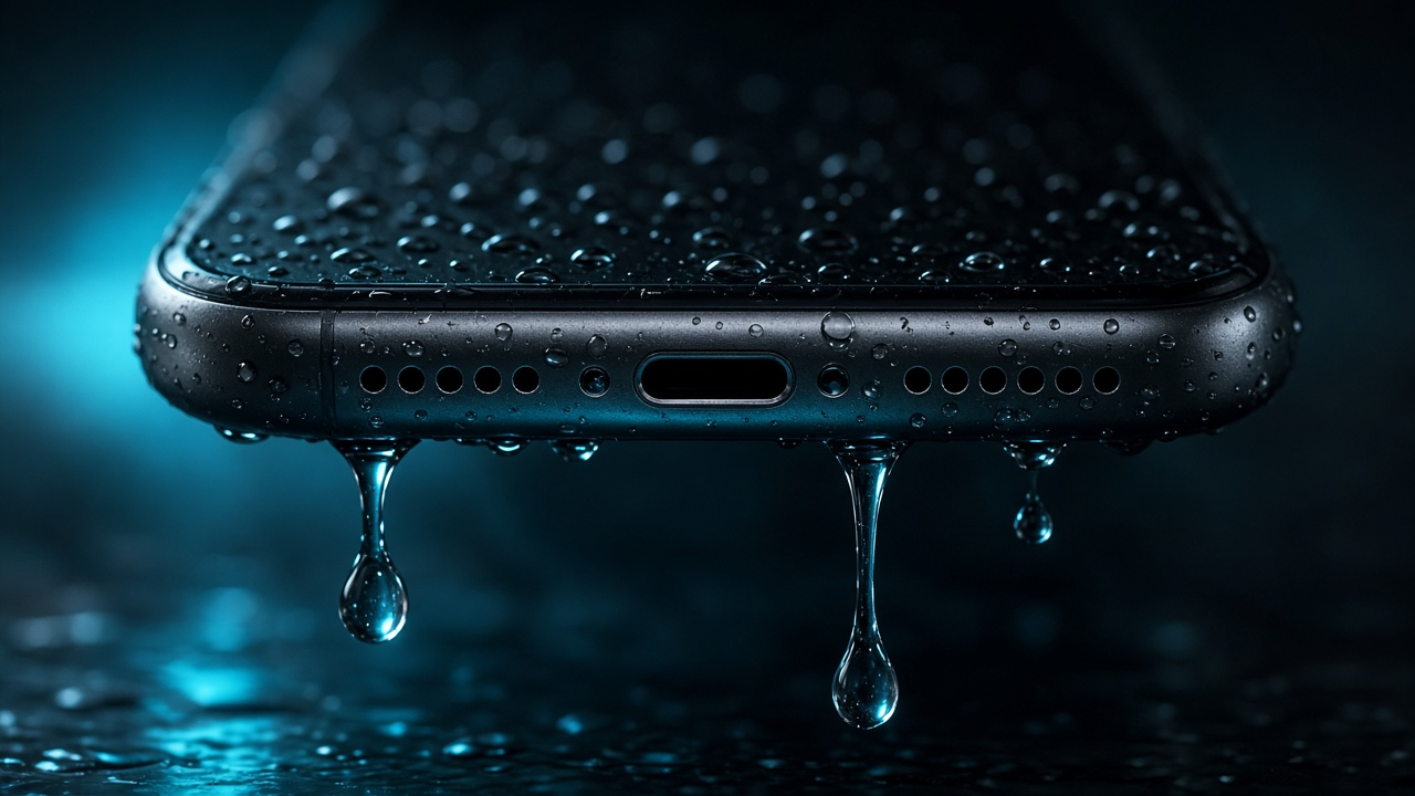 Puerto de carga del iPhone con gotas de agua