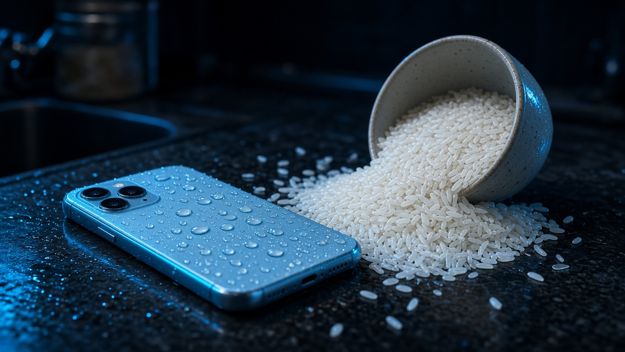 Bol de riz à côté d'un téléphone mouillé