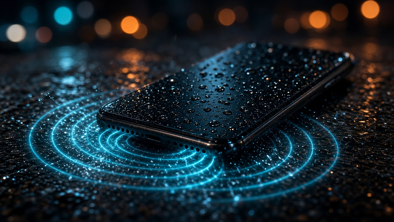 Téléphone avec ondes sonores expulsant l'eau du haut-parleur