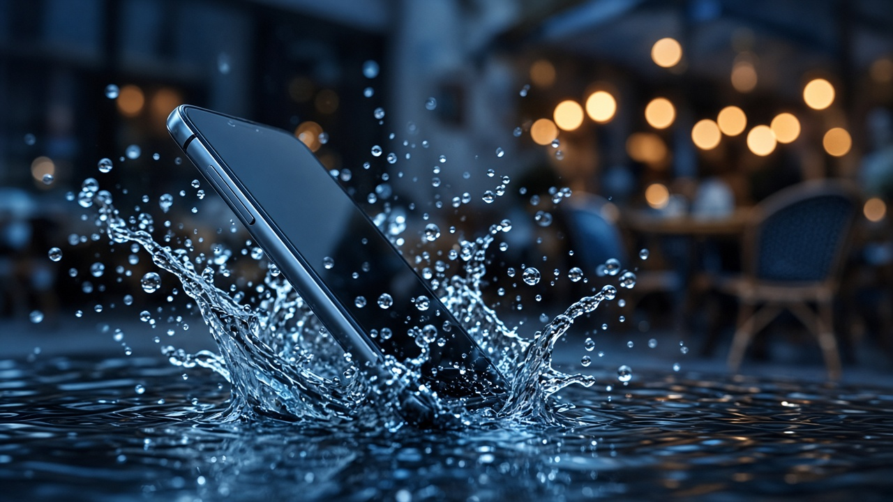 Téléphone qui tombe avec éclaboussure d'eau
