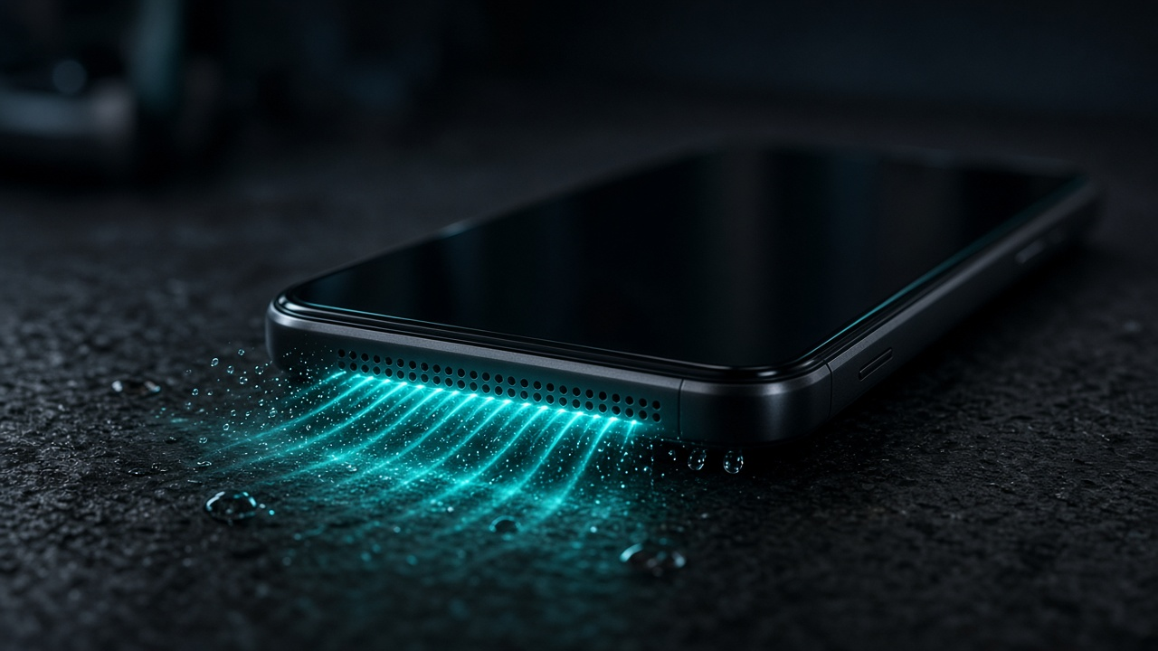 Telefono con onde sonore che espellono acqua dall'altoparlante
