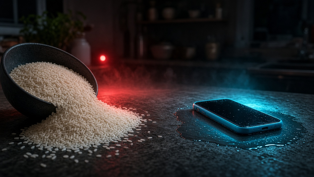 Tigela de arroz ao lado de telemóvel molhado